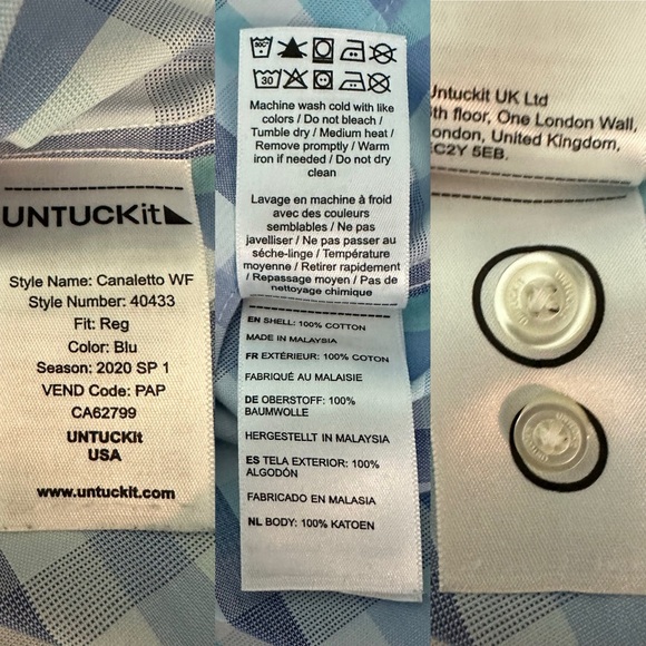 Untuckit Blue Check Wrinkle Free Regular Fit Canaletto UK Shirt Size XL - Picture 9 of 11